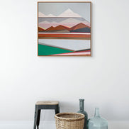 Vista geometric abstract art in modern living room by New Haven artist Shilo Ratner | original 30x30 mountain landscape painting