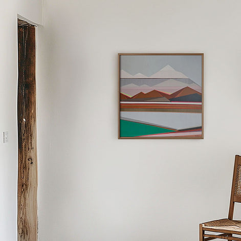 Vista geometric mountain art in modern interior by Connecticut artist Shilo Ratner | original 30x30 abstract landscape painting
