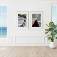 When Boating nautical print bundle in coastal living room with ocean view - set of 2 geometric boat prints by Shilo Ratner