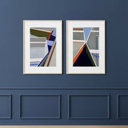 When Boating geometric boat print bundle - 2 nautical art prints 11x15 on blue wall by Connecticut artist Shilo Ratner