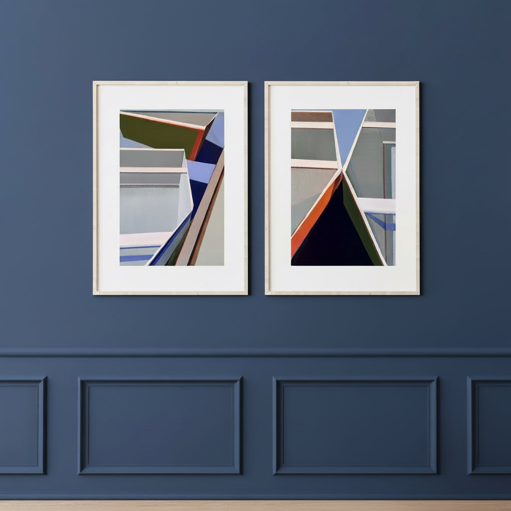 When Boating geometric boat print bundle - 2 nautical art prints 11x15 on blue wall by Connecticut artist Shilo Ratner